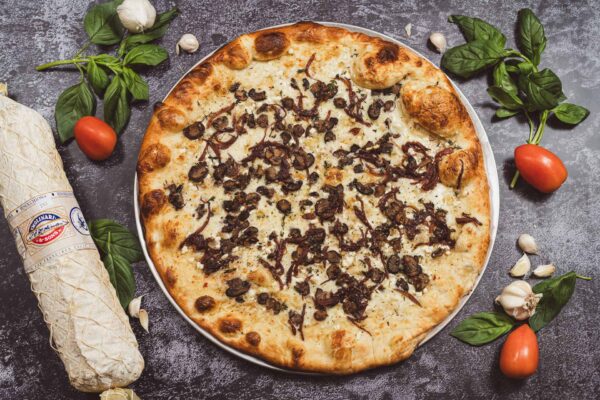 Best Louisville Pizza - The Forager - Roasted Garlic Oil Base. Goat Cheese, Sautéed Mushrooms, Balsamic Onions, Fresh Thyme, White Truffle Oil, Mozzarella, and Fontina Cheese